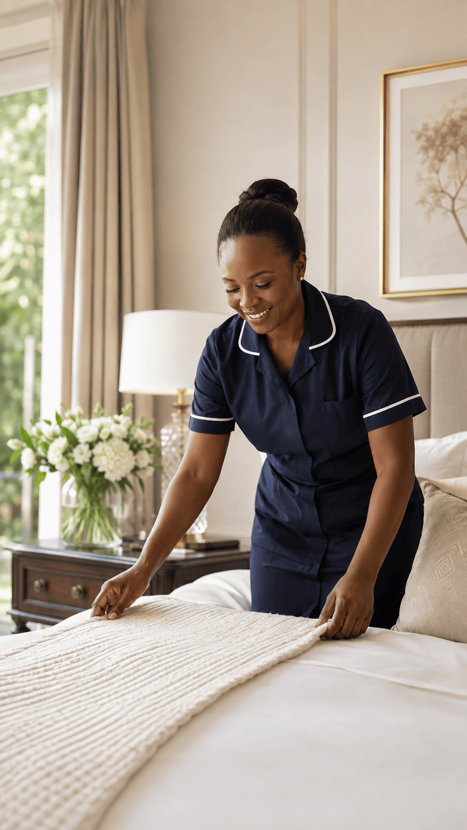 Professional South African housekeeper preparing a bedroom in an elegant home